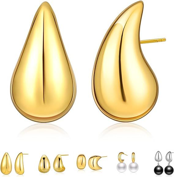 6 Pairs Chunky Gold Hoop Earrings Set，Earring Dupes, Lightweight Teardrop Hoop Earrings with 14... | Amazon (US)