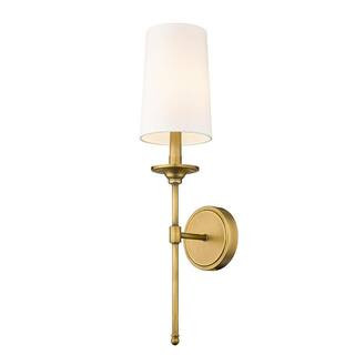 Emily 5.5 in. 1-Light Rubbed Brass Wall Sconce with Off White Cloth Cover Shade 3033-1S-RB - The ... | The Home Depot