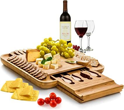 Bambusi Cheese Board and Knife Set - Premium Bamboo Wood Charcuterie Platter Serving Tray with Cu... | Amazon (US)