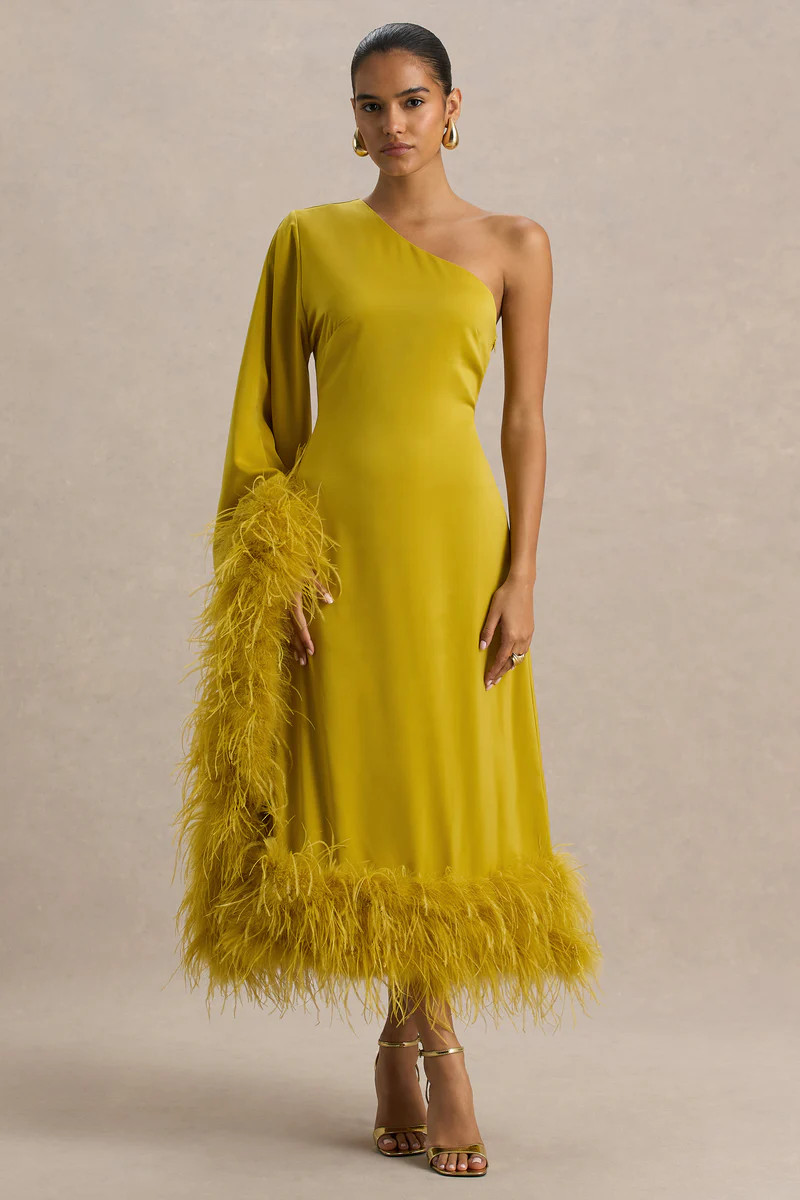 Destiny  Yellow Satin Asymmetric-Neck Midi Dress With Feather Details | Club L London