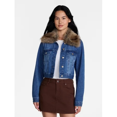 Madden NYC Women s Cropped Denim Jacket with Faux Fur Collar  Sizes XXS-XXL | Walmart (US)