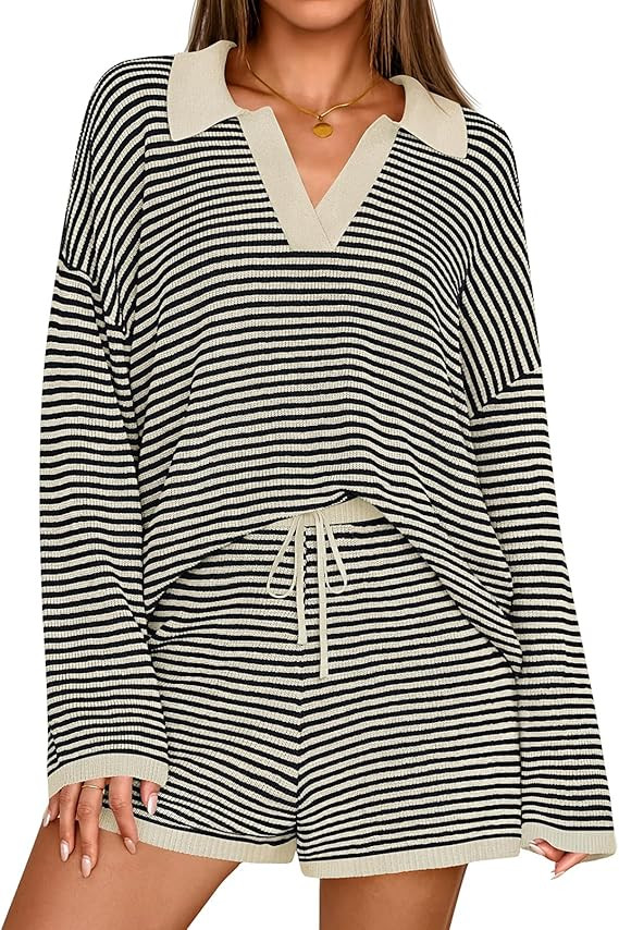 MEROKEETY Lounge Sets for Women 2 Piece Outfits Casual Long Sleeve Striped Sweater Tops Shorts Ma... | Amazon (US)