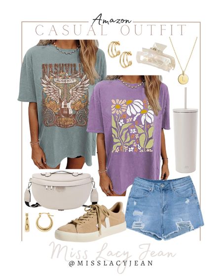 Casual spring outfit includes graphic tee, denim shorts, sneakers, cross body bag, gold earrings, gold necklace, tumbler, hair clip.

Outfit, spring outfit, summer outfit, Amazon finds, casual outfit

#LTKstyletip #LTKfindsunder100 #LTKshoecrush