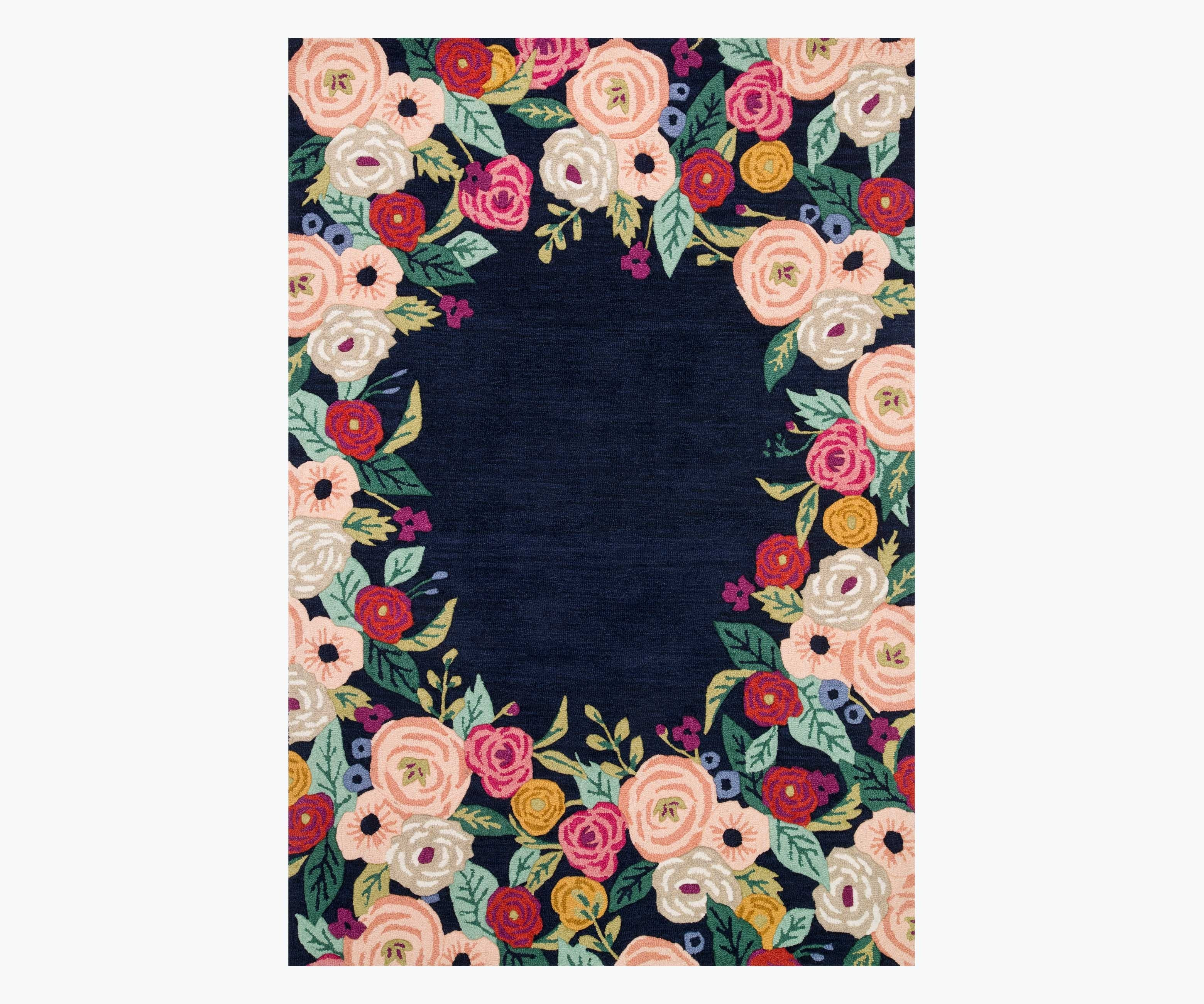 Juliet Rose Wreath Indigo Wool-Hooked Rug | Rifle Paper Co.