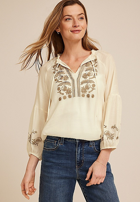 Floral Embroidered Long Sleeve Blouse | Maurices
