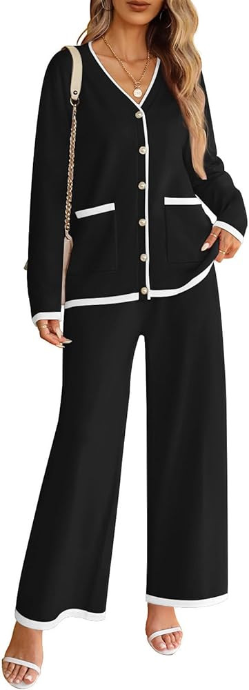 MEROKEETY Women's 2 Piece Outfits Sweater Sets Long Sleeve Knit Cardigan Wide Leg Pants Dressy Lo... | Amazon (US)