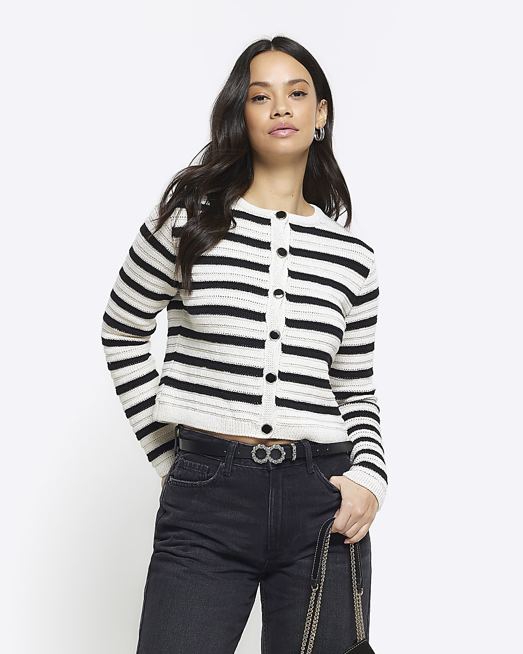 Black Stripe Textured Knit Cardigan | River Island (UK & IE)