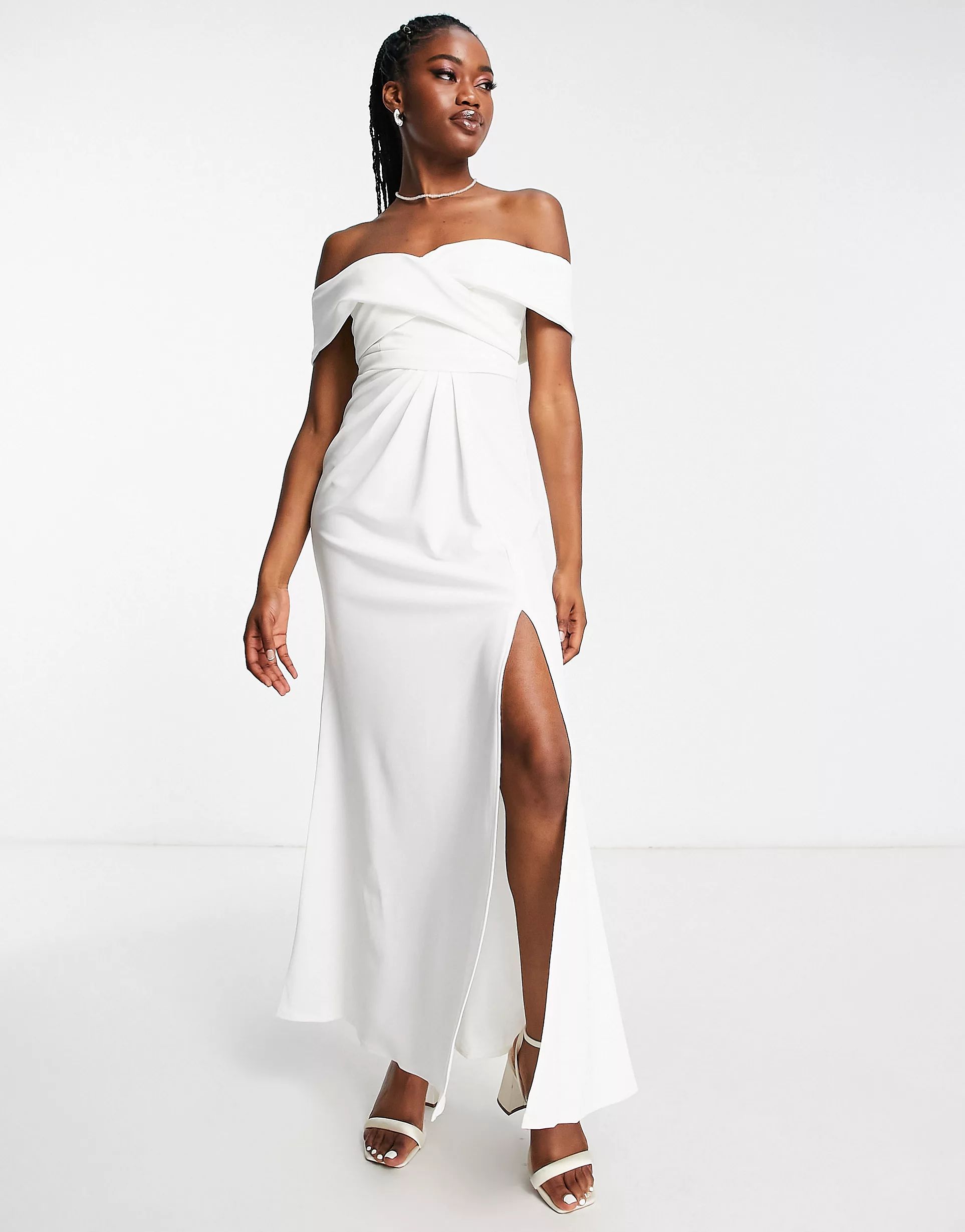 Little Mistress wrap bardot maxi prom dress in white | ASOS (Global)