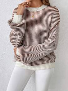 SHEIN Relaxiva Striped Pattern Drop Shoulder Sweater,Long Sleeve Tops | SHEIN
