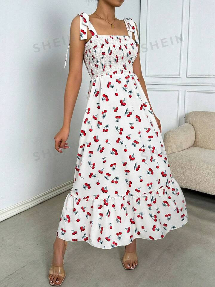 SHEIN Essnce Women's Cherry Printed Shoulder Knot Casual Dress | SHEIN EUR | SHEIN