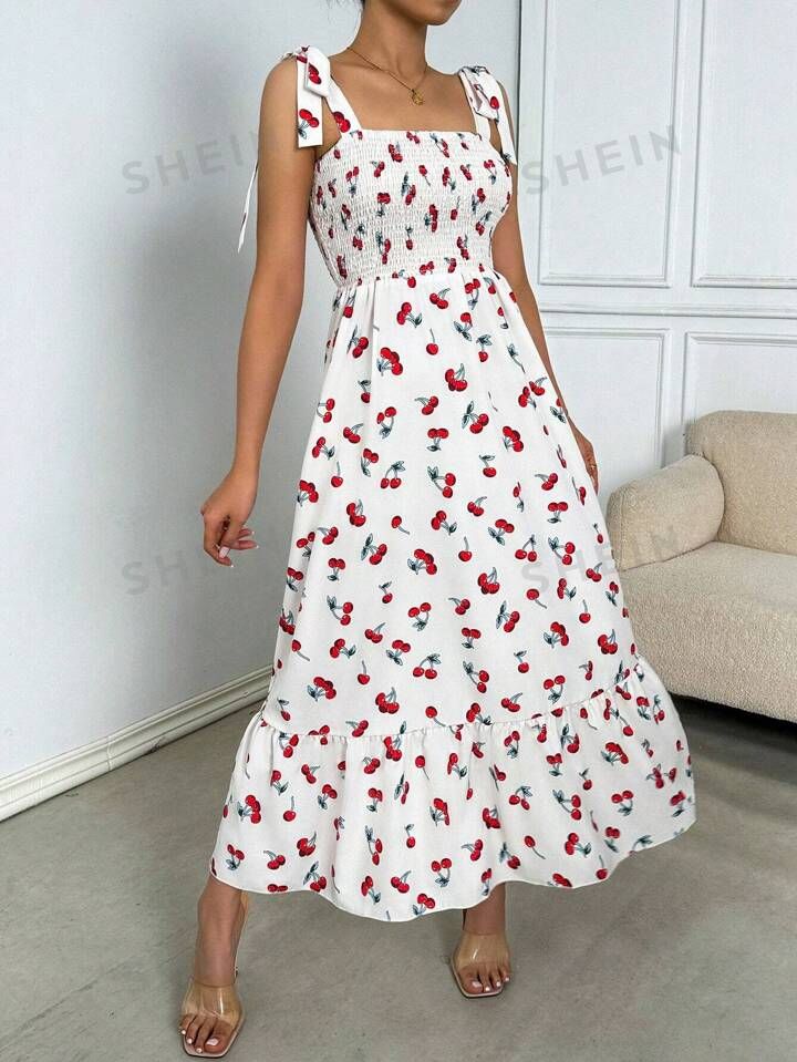SHEIN Essnce Women's Cherry Printed Shoulder Knot Casual Dress | SHEIN