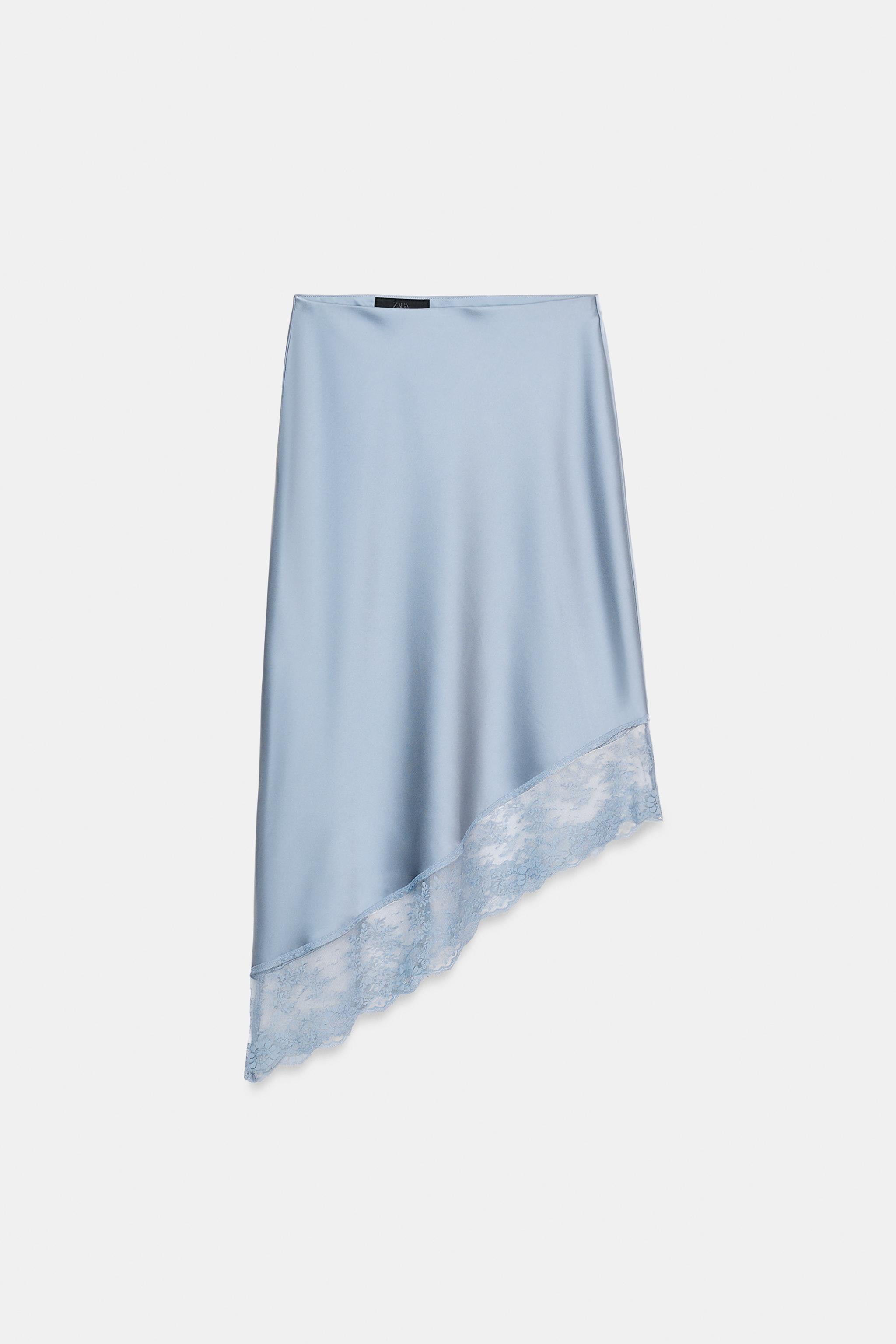 SATIN EFFECT MIDI SKIRT WITH ASYMMETRIC HEM AND LACE | Zara US