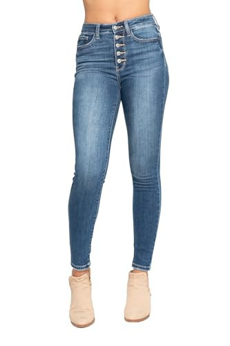Judy Blue Women's High Rise Exposed Button Fly Skinny Jeans (1, Medium Blue) | Amazon (US)