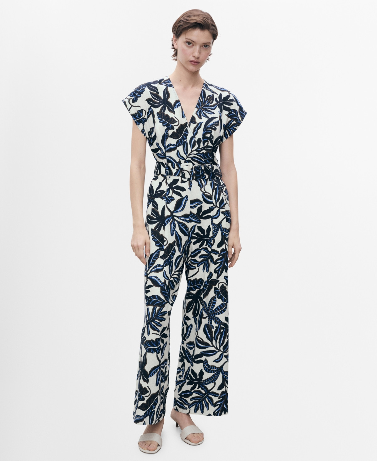 Mango Women's Belt Printed Linen Jumpsuit - Blue | Macy's