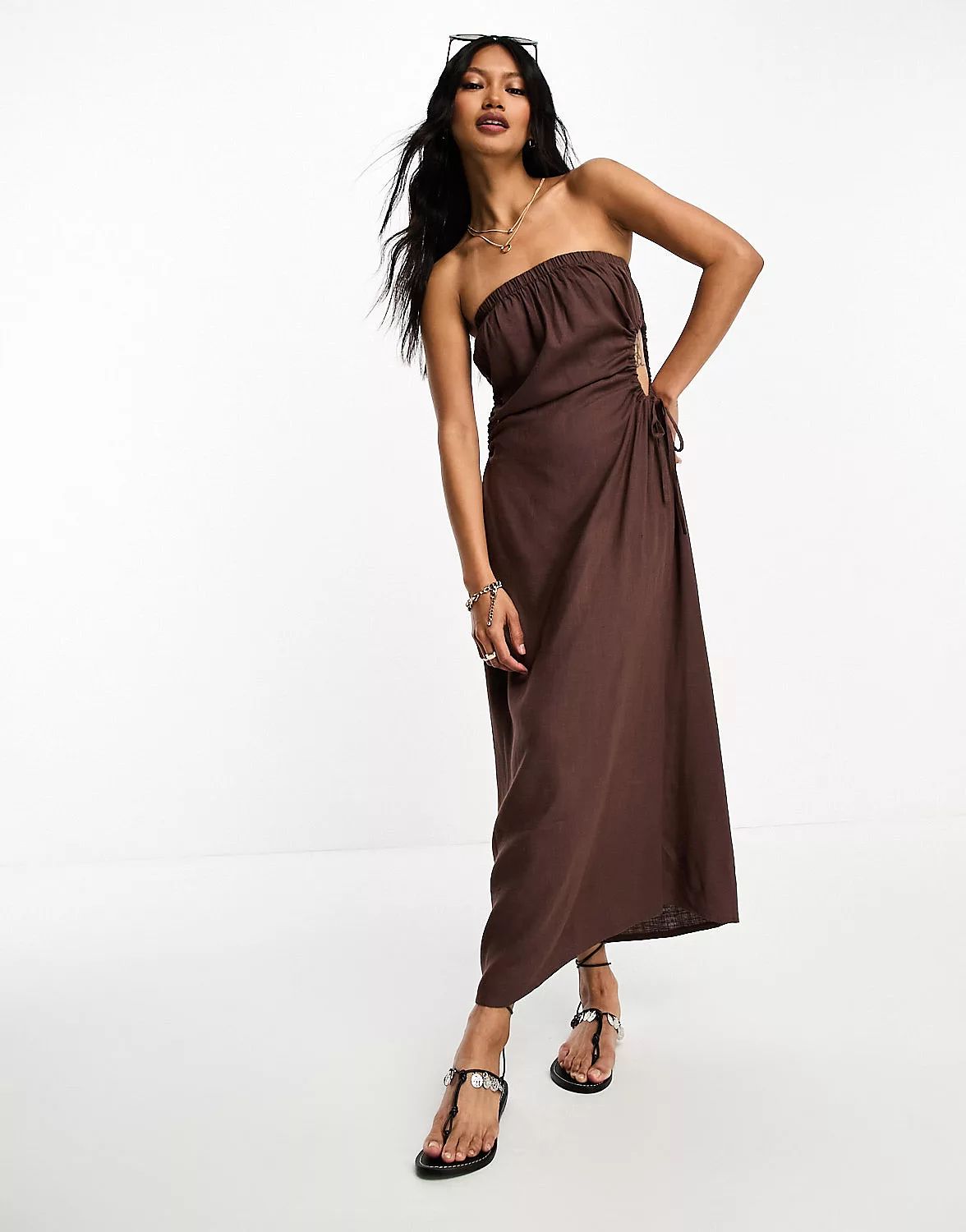 ASOS DESIGN linen bandeau midi sundress with ruched cut out detail in chocolate | ASOS (Global)