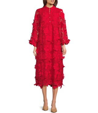 Seraphina Floral Long Sleeve 3D Lace Mandarin Collar Midi Dress | Dillard's