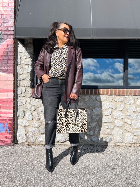 Fall trends I am loving faux leather , animal print and cute jeans! Great news the bag , shirt and jeans are on sale . Linking it all here plus some other great deals 
#fallfashion #fashionover40 #denim  #midsizestyle #curvyfashion

#LTKunder50 #LTKsalealert #LTKstyletip