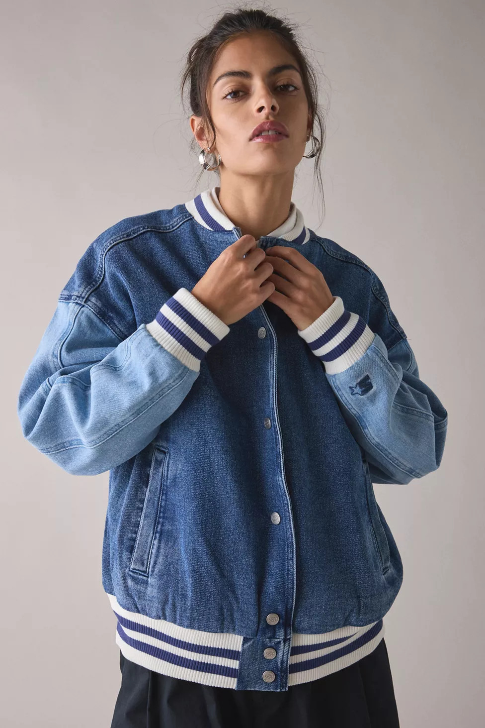 Starter Colorblock Denim Varsity Bomber Jacket | Urban Outfitters (US and RoW)