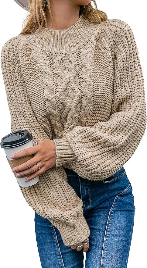 BerryGo Chunky Cable Knit Sweaters Cropped Lantern Sleeve Oversized Loose Mock Neck Pullover Swea... | Amazon (US)