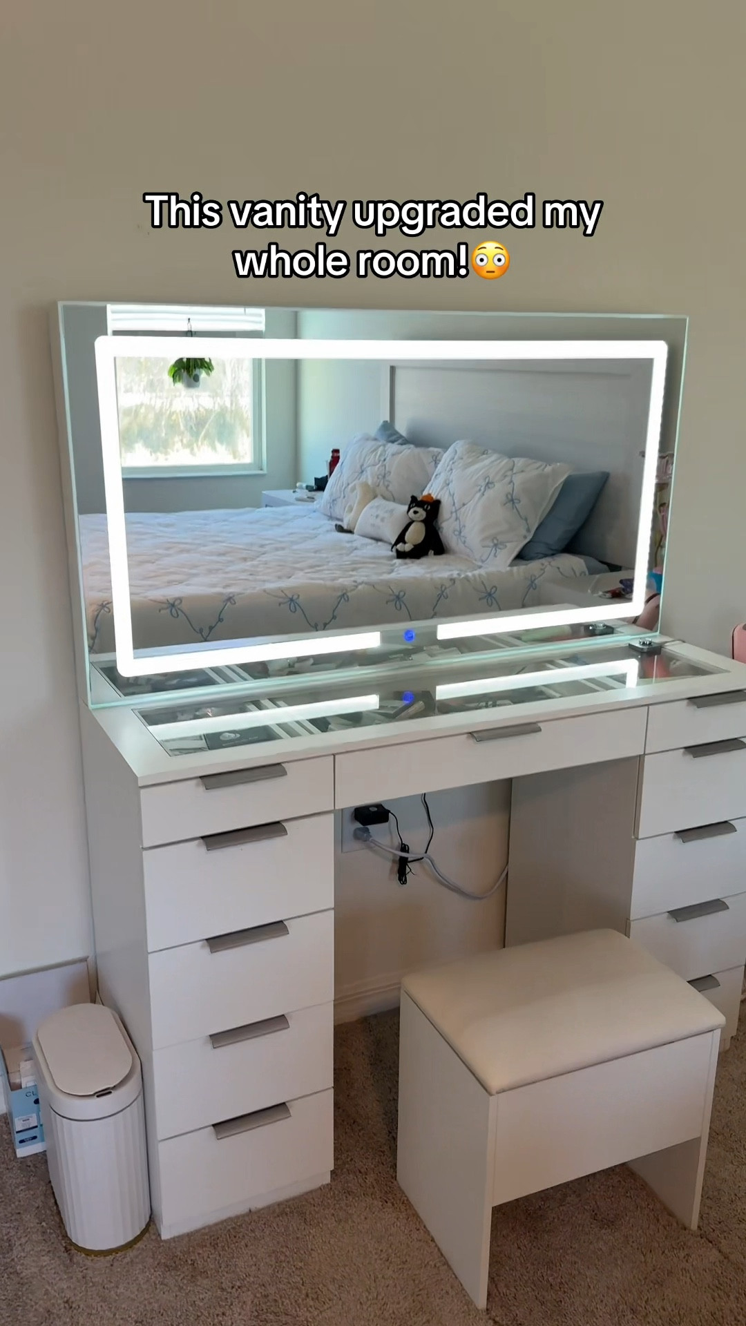 This makeup vanity with a huge led mirror and glass top is a total game changer #makeup #makeupvanity #home #homedecor 

#LTKHome #LTKgrwm