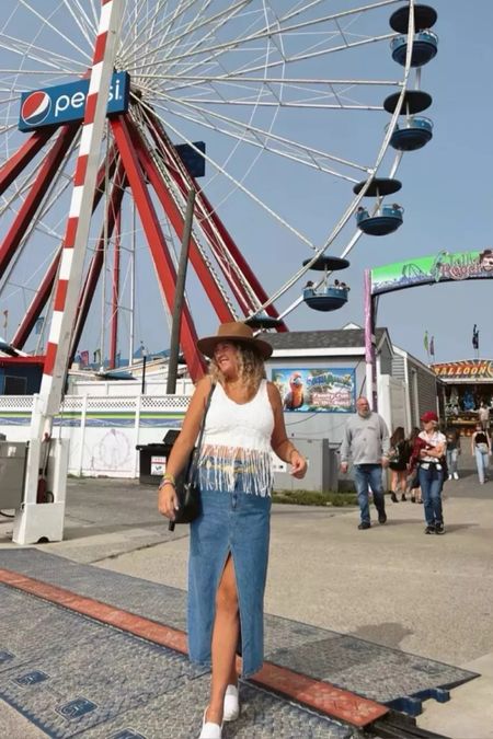 Country concert outfit, festival outfit, affordable and comfortable festival look, denim midi skirt, bridal outfit, bachelorette party outfit for the bride, spring look, spring outfit, concert outfit, fedora hat, date night outfitt 

#LTKFestival #LTKMidsize #LTKStyleTip