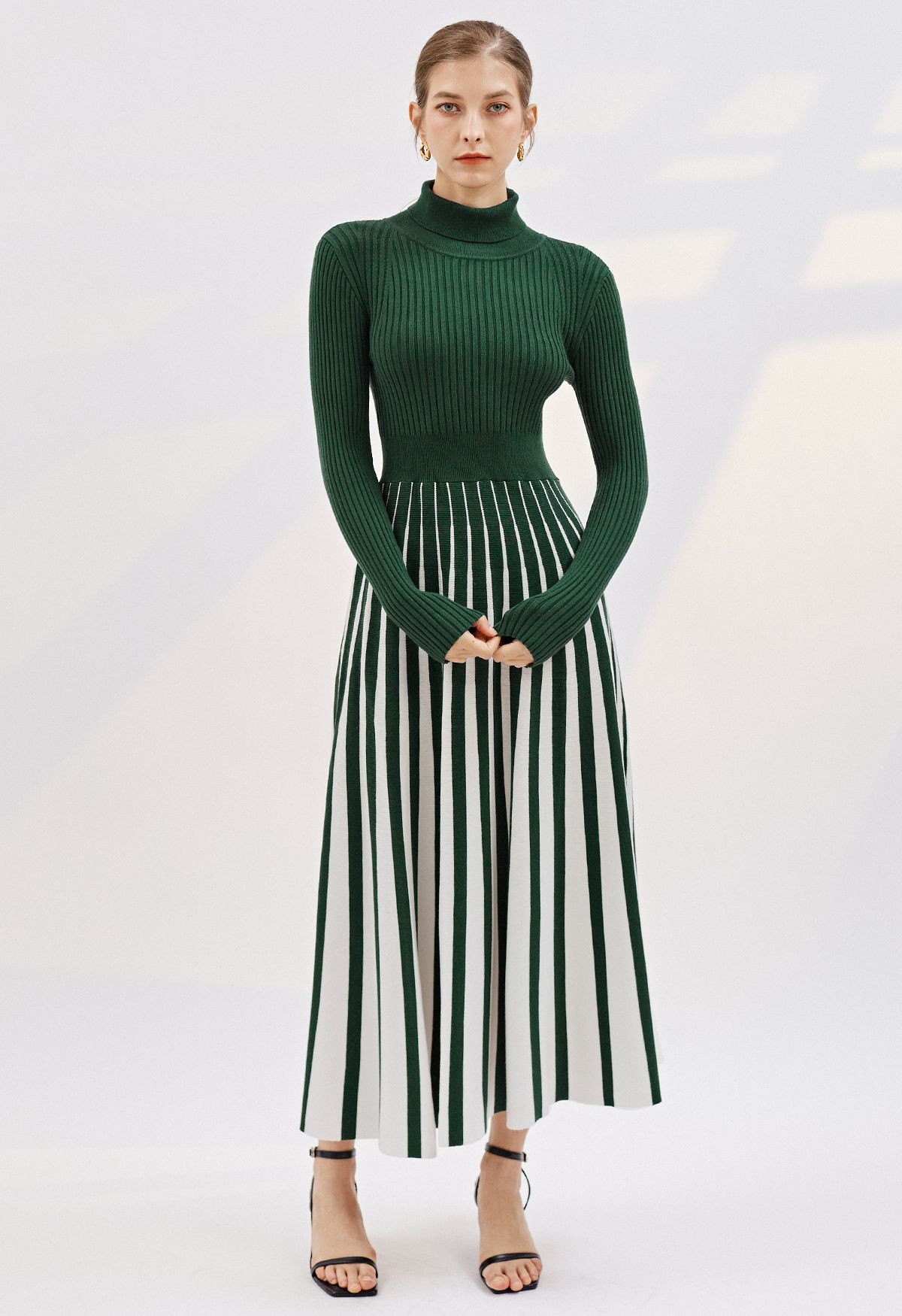 Stripe Print Turtleneck Knit Midi Dress in Dark Green | Chicwish