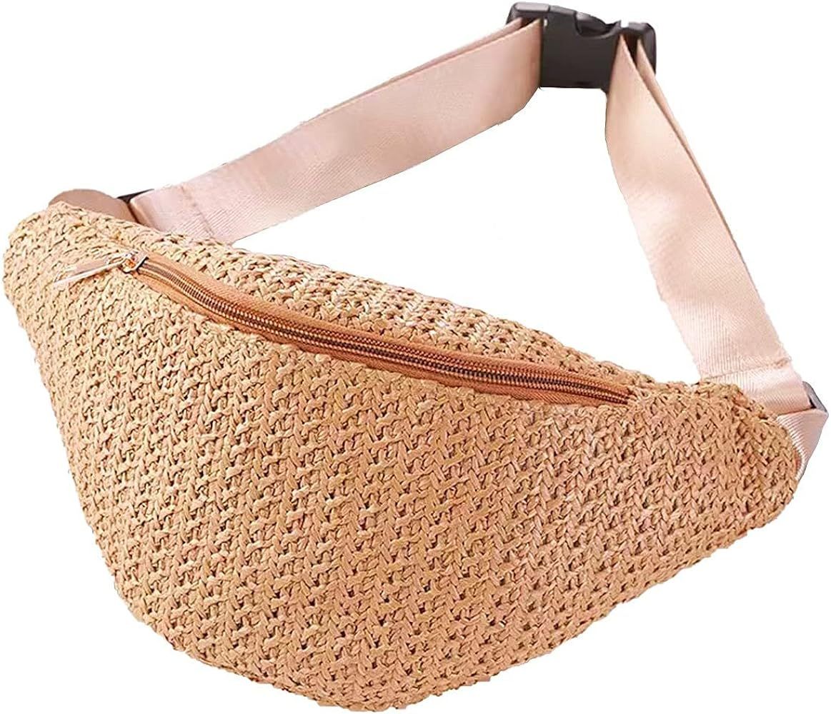 Straw Woven Fanny Pack Cross Chest Shoulder Handbag Purse Handwoven Beach Bag,Khaki | Amazon (US)