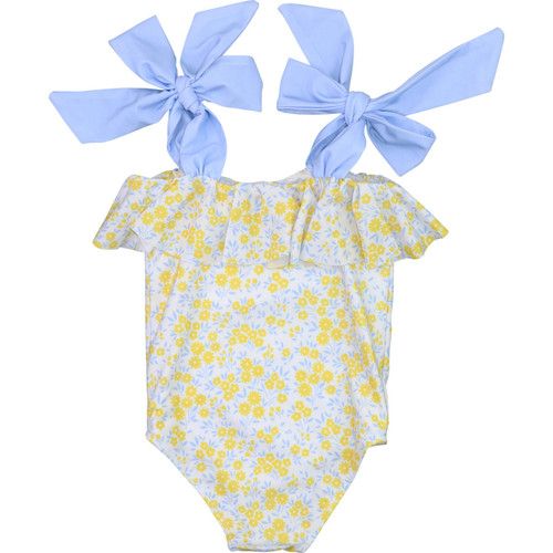 Yellow And Blue Floral Print Lycra Swimsuit  - Shipping Early April | Cecil and Lou