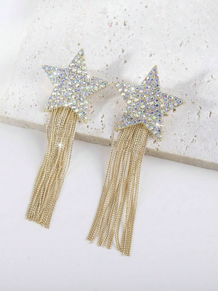 1 Pair Fashionable Rhinestone Pentagram Chain Tassel Earrings, Gold/Silver/Black Dual-Use Long Lu... | SHEIN