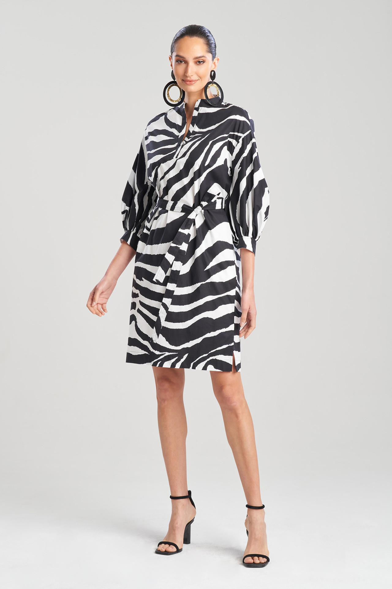 Zebra Cotton Poplin Balloon Sleeve Belted Shirtdress | Natori