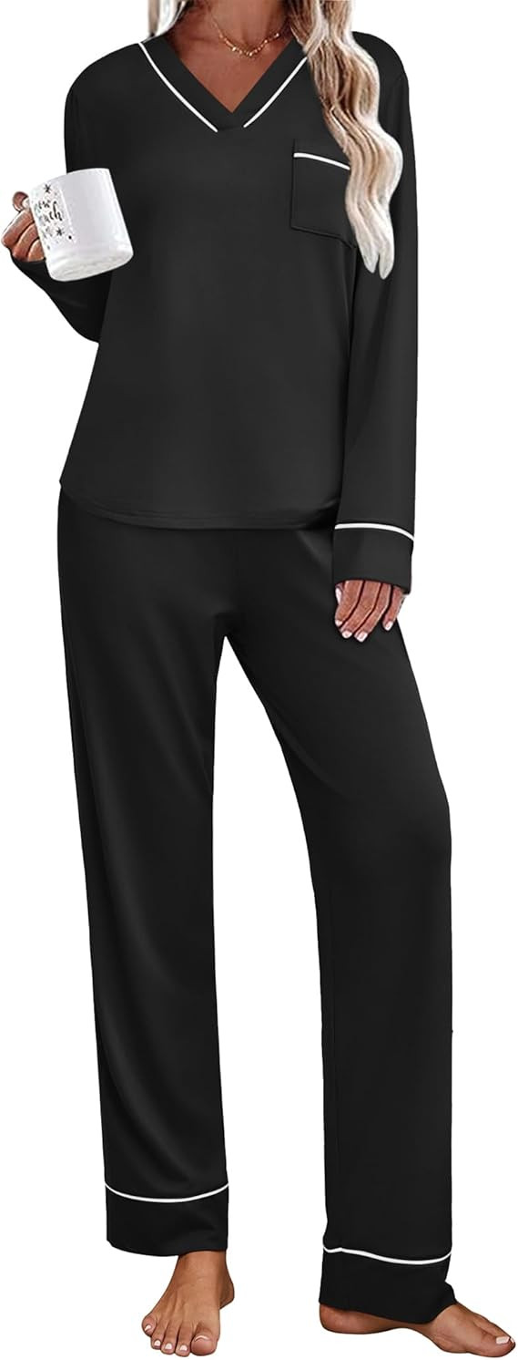 Ekouaer Women's Pajamas Sets 2 piece PJs V Neck Long Sleeve Sleepwear Comfy Pants Loungewear with... | Amazon (US)