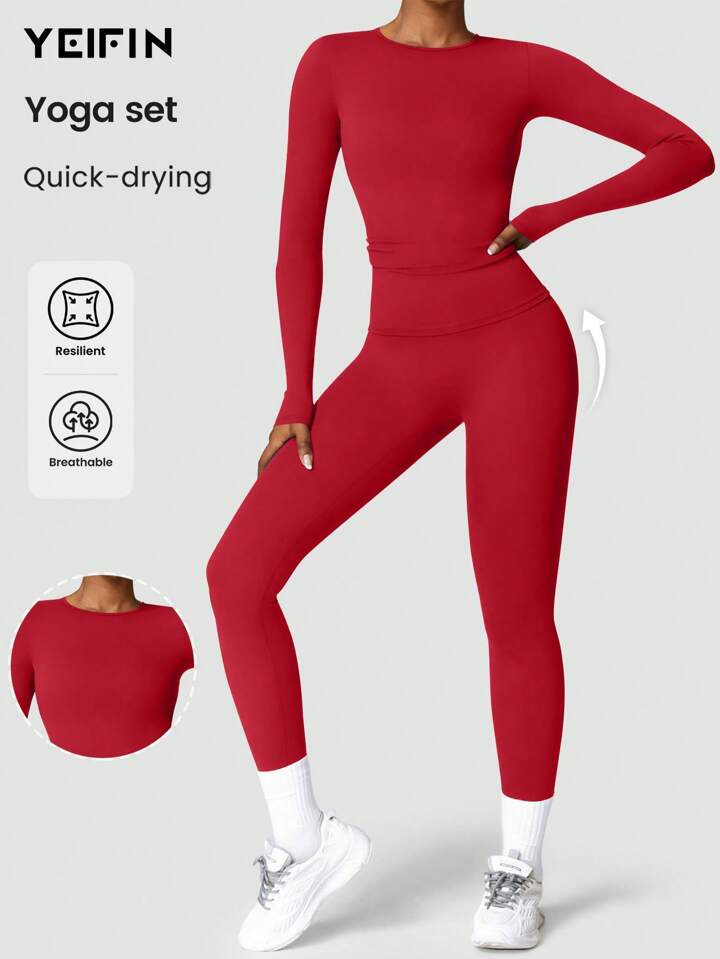 YEIFIN WinterTwo-Piece Set Women's Solid Long Sleeve Tee & Leggings Tracksuit Set, Sporty Round N... | SHEIN