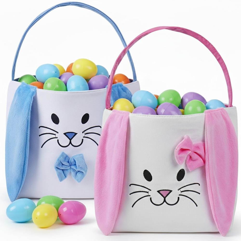 2 Packs Easter Baskets, Easter Bunny Baskets with Handle Gift Baskets Tote Bags Cute Egg Hunt Buc... | Amazon (US)