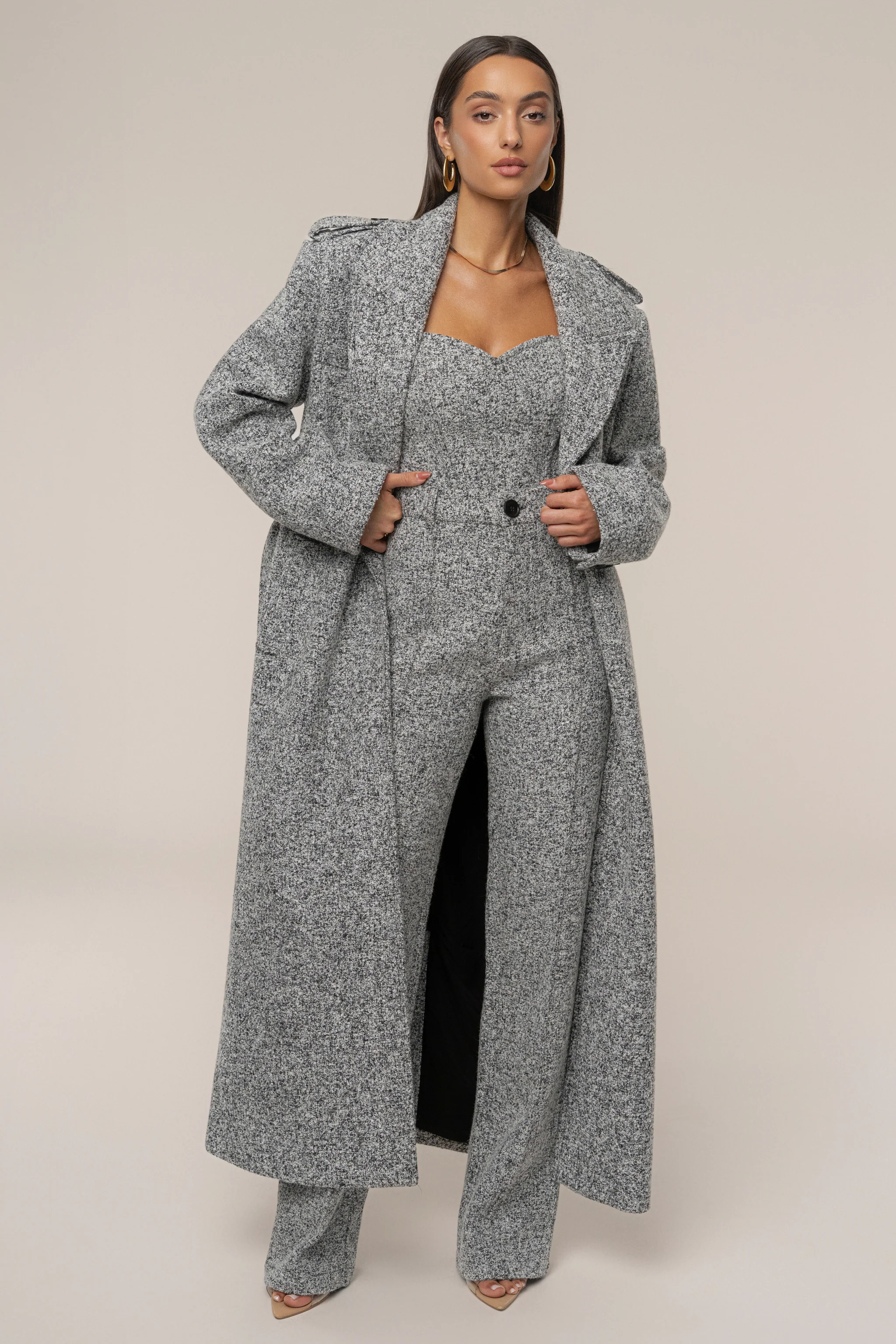 Lt. Grey Savannah Belted Tweed Coat | JLUXLABEL