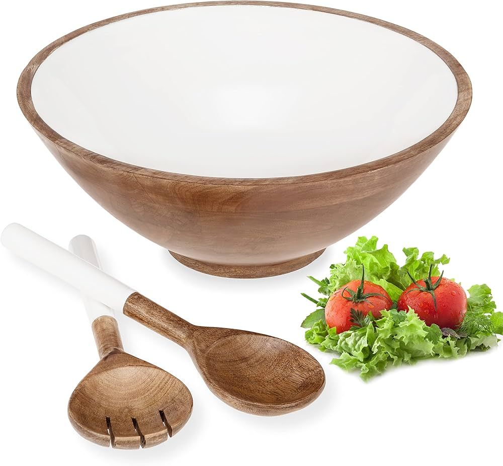 Wooden Salad Bowl Set Large 12" with Server Tongs Spoons - Serving Bowl with Utensils for Salad &... | Amazon (US)