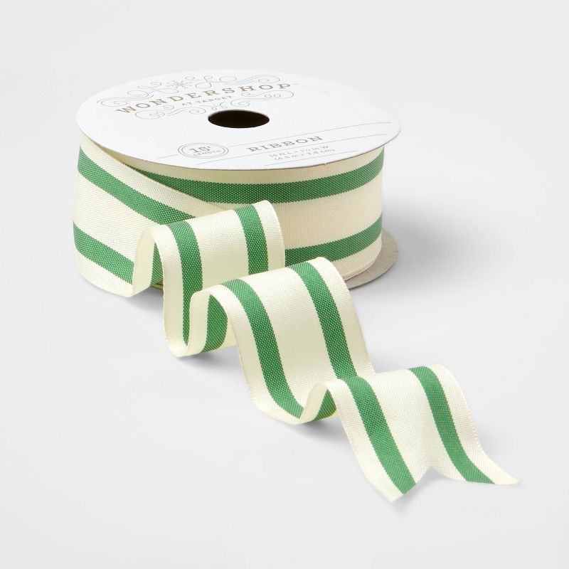 1.5" Striped Fabric Ribbon Cream/Green 15ft - Wondershop™ | Target