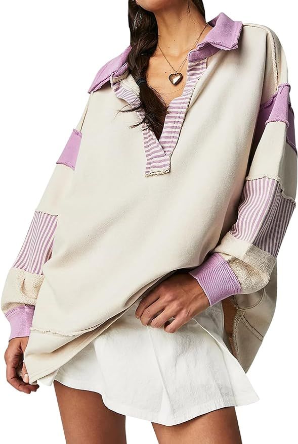 Women's Oversized Sweatshirt Striped V Neck Long Sleeve Polo Shirts Lapel Collared Color Block Pa... | Amazon (US)