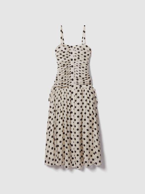 Rue
                Viscose Linen Polka Dot Ruched Maxi Dress | Reiss UK