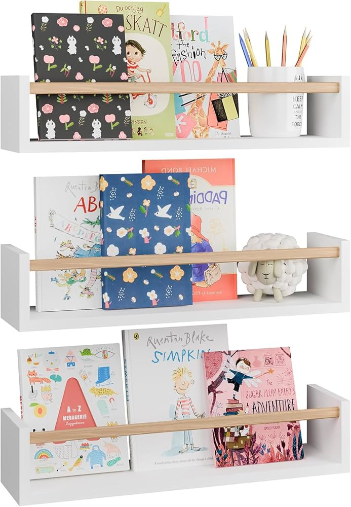 Fixwal Nursery Bookshelves, 16.5 Inch Floating Shelves for Wall Set of 3, Kids Bookshelf for Bedroom, Baby Nursery Decor (White and Natural) | Amazon (US)