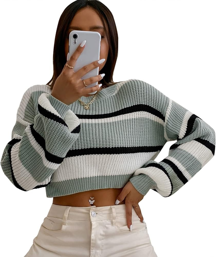 ZAFUL Women's Color Block Striped Sweater Crew Neck Lantern Sleeve Cropped Sweaters Casual Loose ... | Amazon (US)