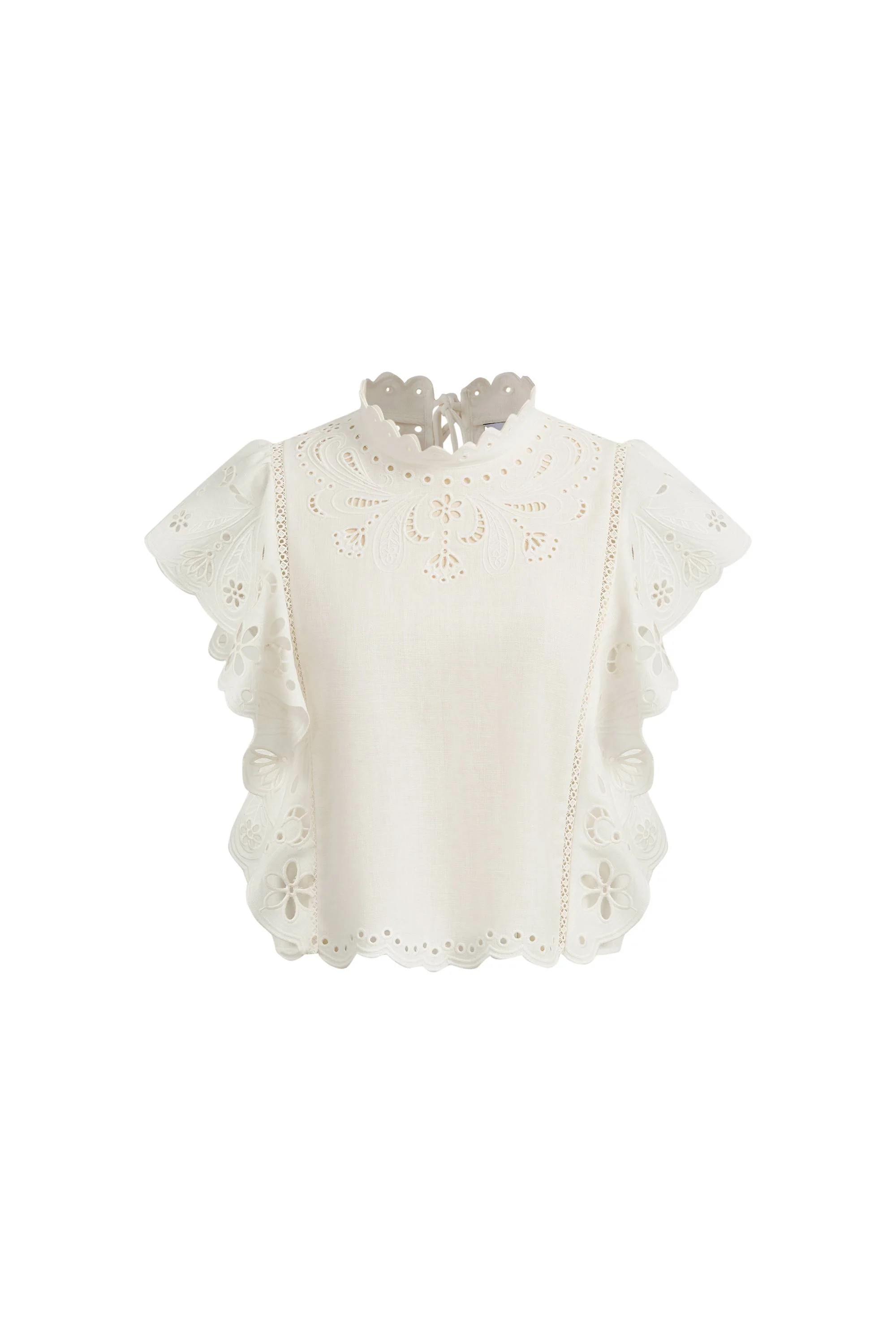 Lilou French Cutwork Embroidery Ruffle-Sleeve Top in Cotton & Linen | Fabrique