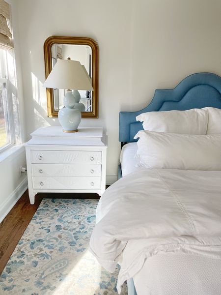 Primary bedroom, bedroom design, Annie Selke rug, circa lighting table lamp, good mirror, white nightstand, white chest, best white duvet

#LTKhome