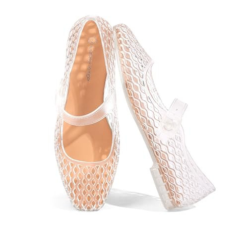 LUCKY STEP Women's Jelly Ballet Flats - Buckle Strap Comfortable Casual Mary Jane Flat - Lightweight Mesh Clear Beach Sandals(8 M US Transparent) | Amazon (US)