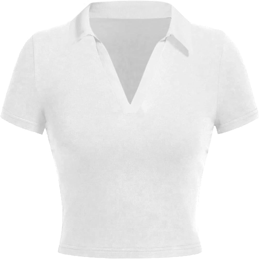 Avanova Women Polo Collared V Neck Tee Shirts Ringer Short Sleeve Crop Tops | Amazon (US)