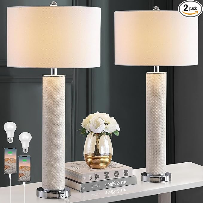 WIHTU 28'' Modern Table Lamp Set of 2, Cream Faux Woven Leather Bedside Lamps with USB C+A Chargi... | Amazon (US)
