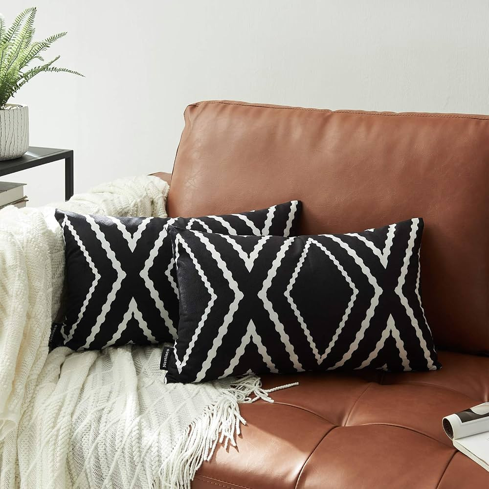 Set of 2 Black Lumbar Pillow Covers 12 x 20 inches Boho Aztec Polyester Blend Decorative Throw Pi... | Amazon (US)