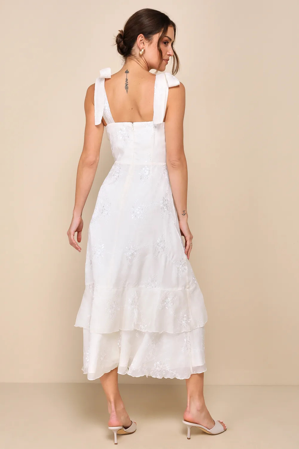 Elegant Direction Ivory Embroidered Ruffled Tie-Strap Midi Dress | Lulus