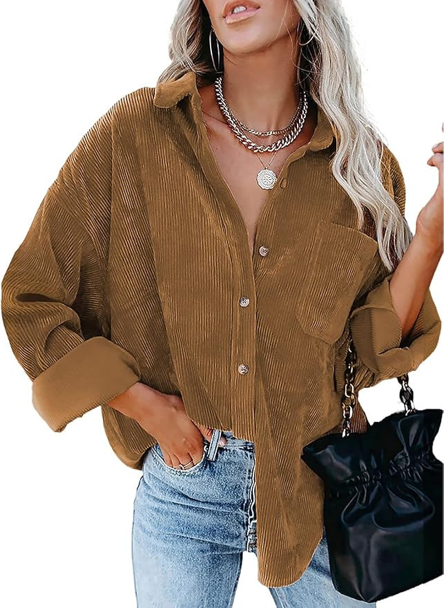 Sidefeel Women Corduroy Long Sleeve Button Down Shirt Oversized Jacket Tops | Amazon (US)