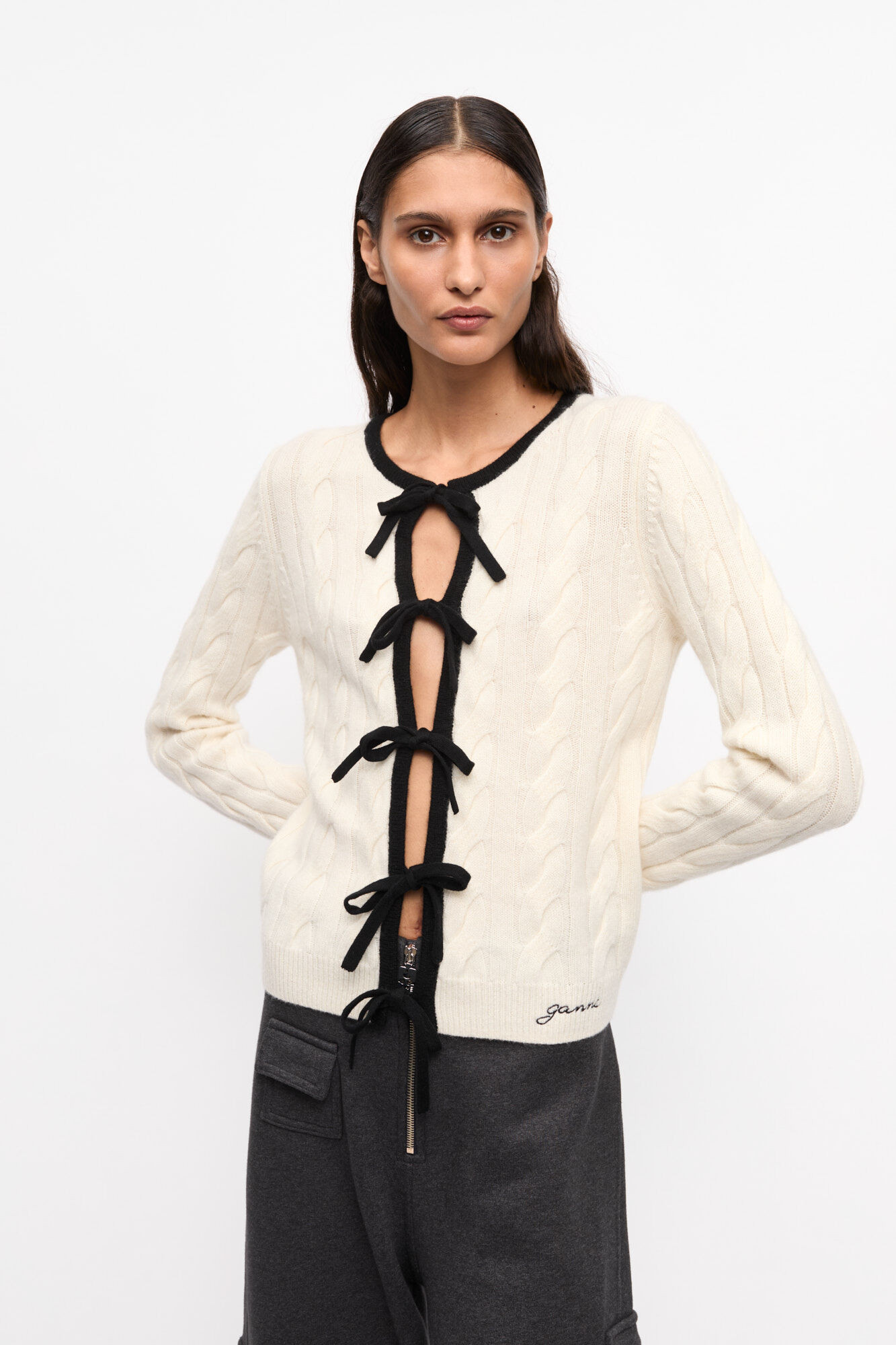Ivory Cashmere Mix Tie String Cardigan | Ganni