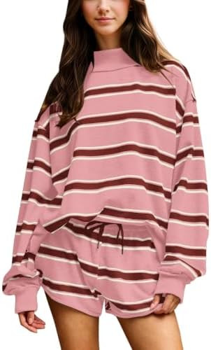 Women Striped Mock Neck Sweatshirt 2 Piece Outfits Oversized Pullover Elastic Waist Shorts Set Fa... | Amazon (US)